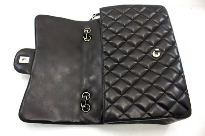CHANEL Large Classic Handbag 11"Chain Shoulder Bag Flap Black Lamb h44