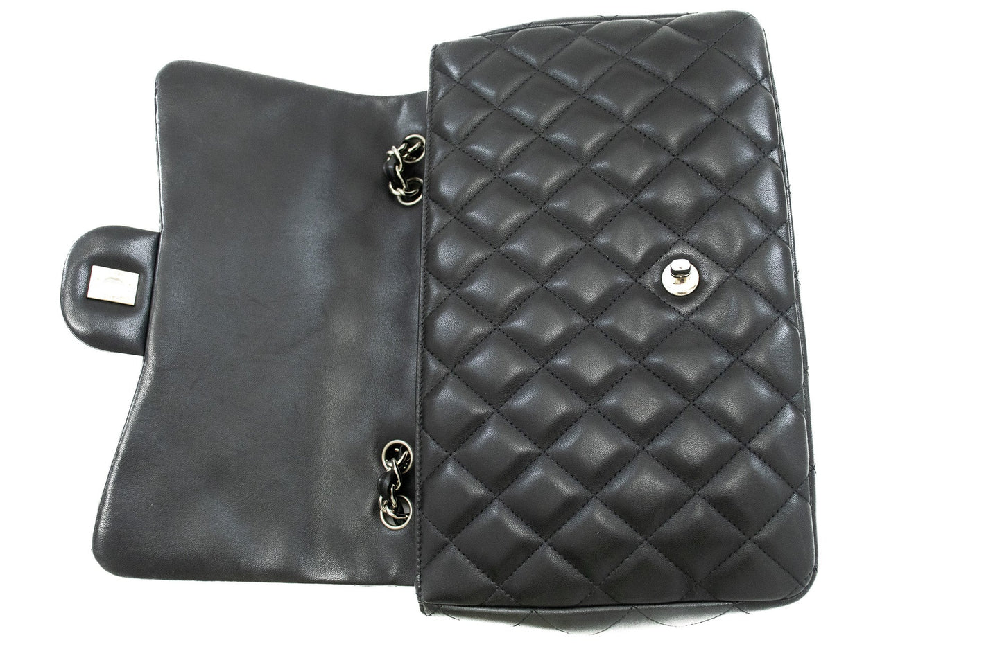 CHANEL Classic Large 11" Chain Shoulder Bag Flap Black Lambskin j42