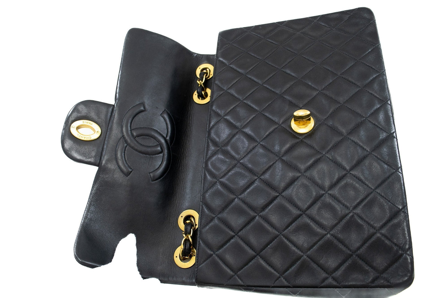 CHANEL Classic Large 13" Flap Chain Shoulder Bag Black Lambskin j71