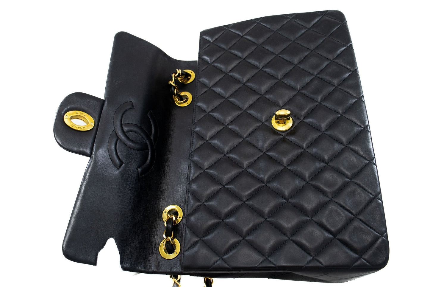 CHANEL Classic Large 13" Flap Chain Shoulder Bag Black Lambskin j56