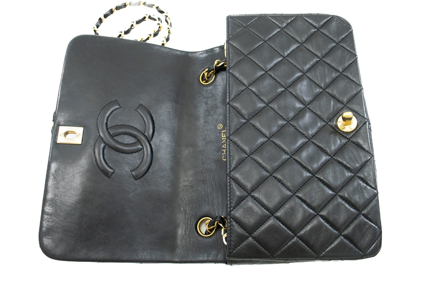CHANEL Full Flap Chain Shoulder Bag Black Quilted Lambskin Leather j95