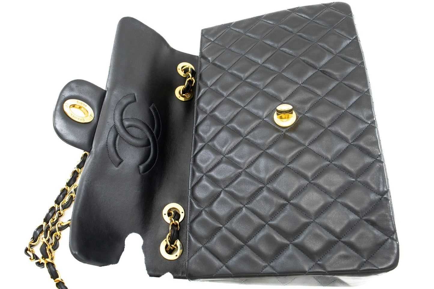 CHANEL Classic Large 13" Flap Chain Shoulder Bag Black Lambskin j82