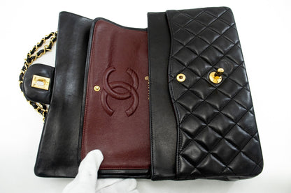 CHANEL Classic Double Flap 10" Chain Shoulder Bag Black Lambskin j92