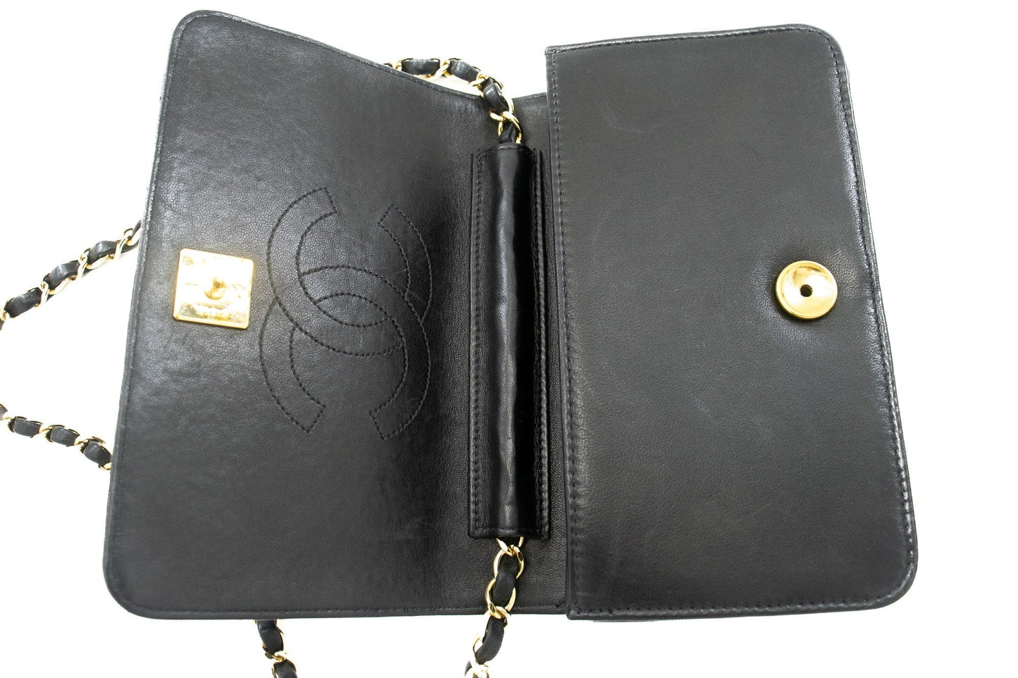 CHANEL Full Flap Chain Shoulder Bag Clutch Black Quilted Lambskin j67