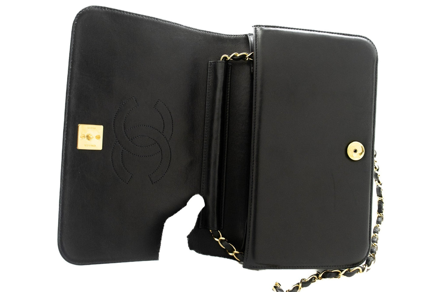 CHANEL Full Flap Chain Shoulder Bag Clutch Black Quilted Lambskin k19