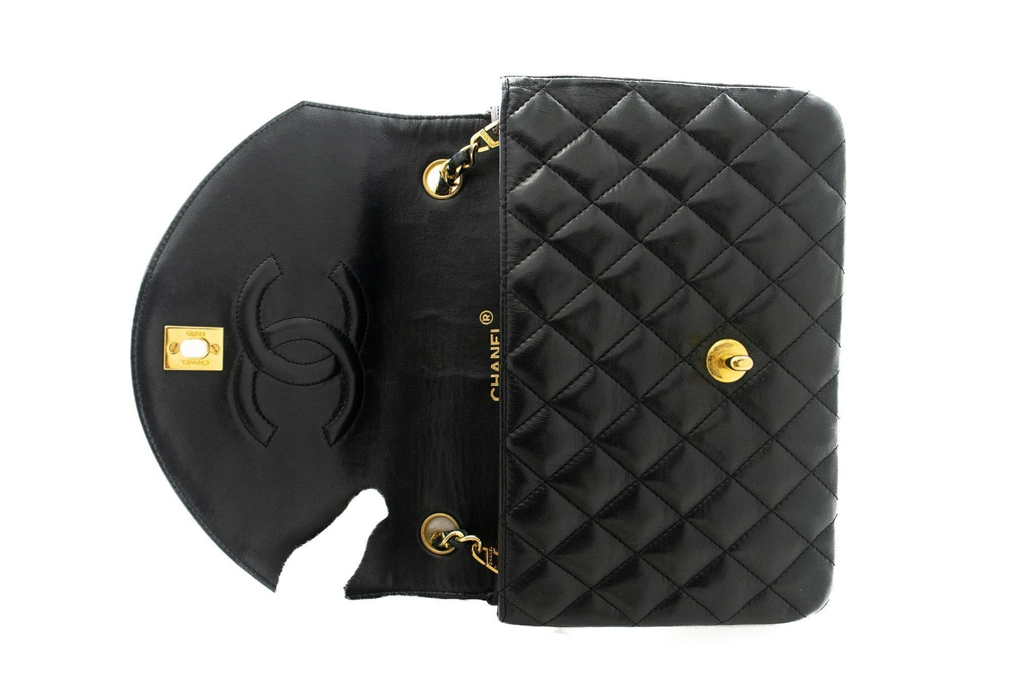 CHANEL Half Moon Chain Shoulder Bag Crossbody Black Quilted Flap k22