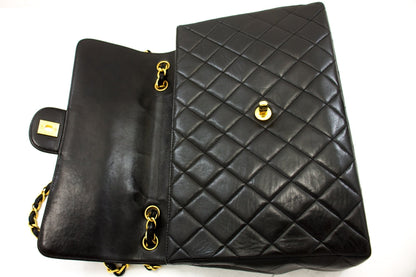 CHANEL Jumbo 11" Large Chain Shoulder Bag Flap Black Lambskin Gold f98