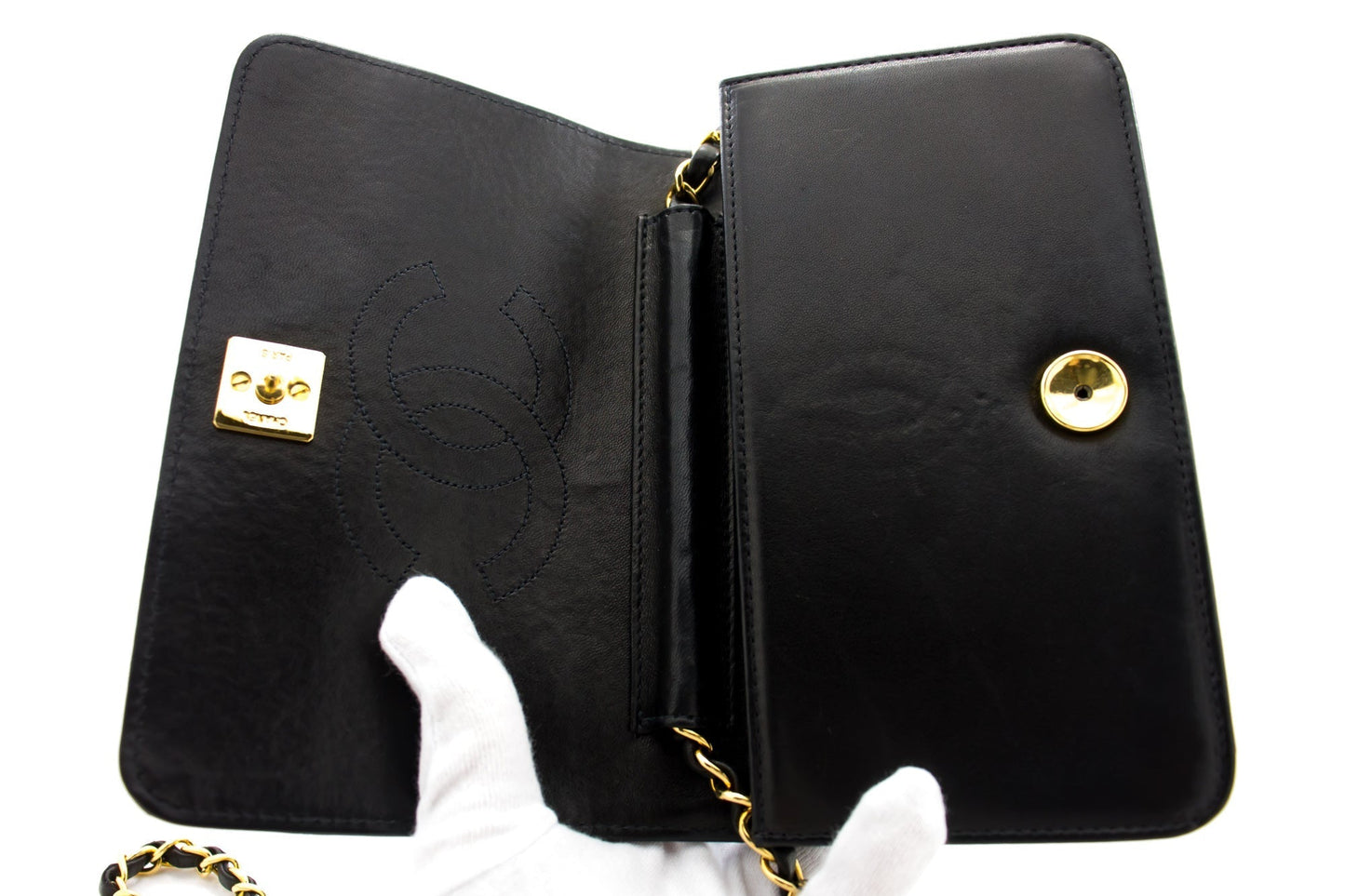 CHANEL Full Flap Chain Shoulder Bag Clutch Black Quilted Lambskin h09