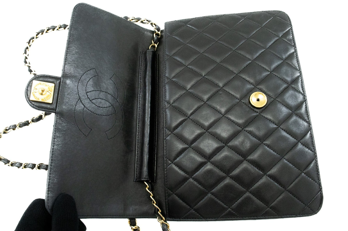 CHANEL Chain Shoulder Bag Clutch Black Quilted Flap Lambskin Purse k05