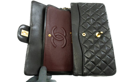 CHANEL Classic Double Flap 10" Chain Shoulder Bag Black Lambskin k39