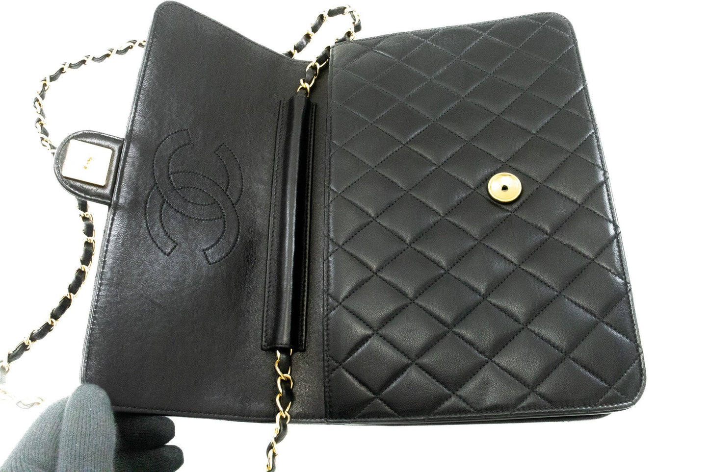 CHANEL Chain Shoulder Bag Clutch Black Quilted Flap Lambskin Purse k11