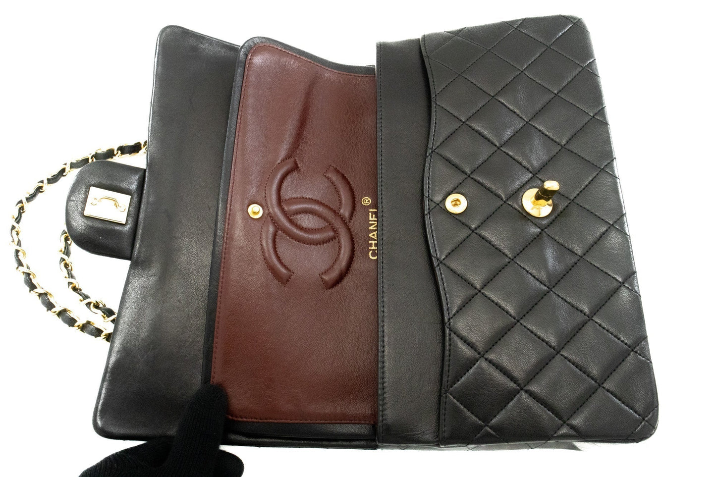 CHANEL Classic Double Flap 10" Chain Shoulder Bag Black Lambskin k46