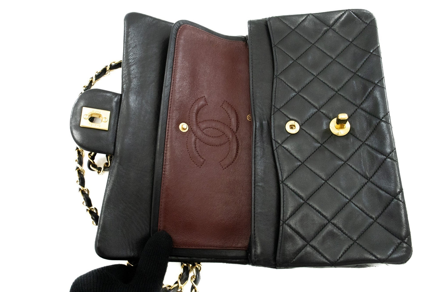 CHANEL Classic Double Flap 9" Chain Shoulder Bag Black Lambskin j57