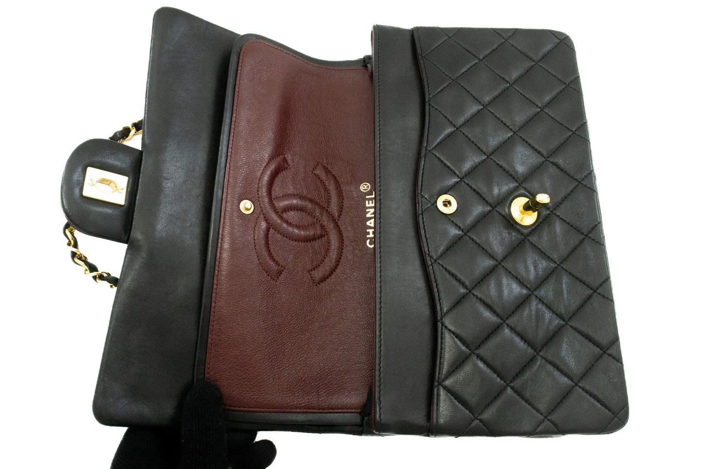 CHANEL Classic Double Flap 10" Chain Shoulder Bag Black Lambskin k62