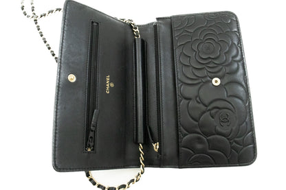 CHANEL Black Camellia Embossed Wallet On Chain WOC Shoulder Bag k53
