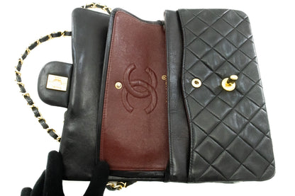 CHANEL Classic Double Flap 9" Chain Shoulder Bag Black Lambskin k51