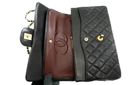CHANEL Classic Double Flap 10" Chain Shoulder Bag Black Lambskin k60