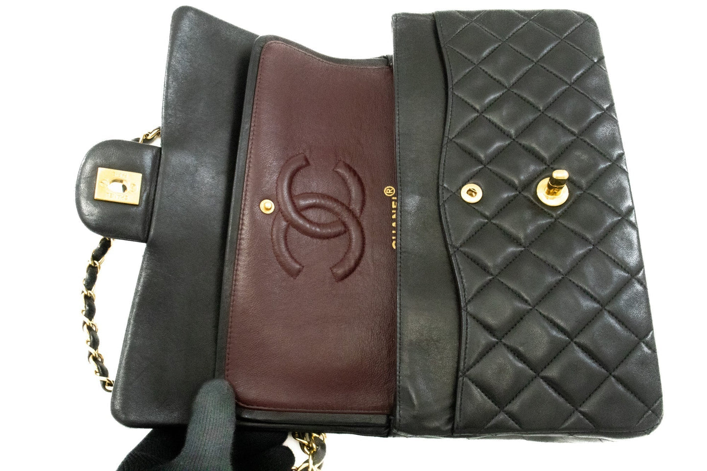 CHANEL Classic Double Flap 10" Chain Shoulder Bag Black Lambskin k49