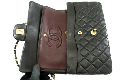 CHANEL Classic Double Flap 10" Chain Shoulder Bag Black Lambskin k49