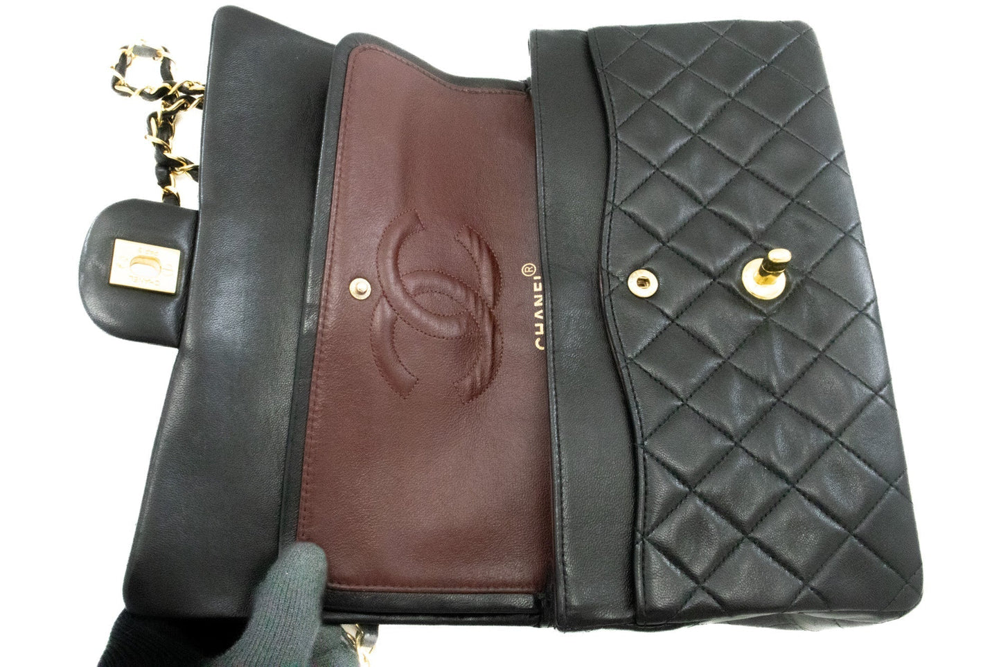 CHANEL Classic Double Flap 10" Chain Shoulder Bag Black Lambskin k66