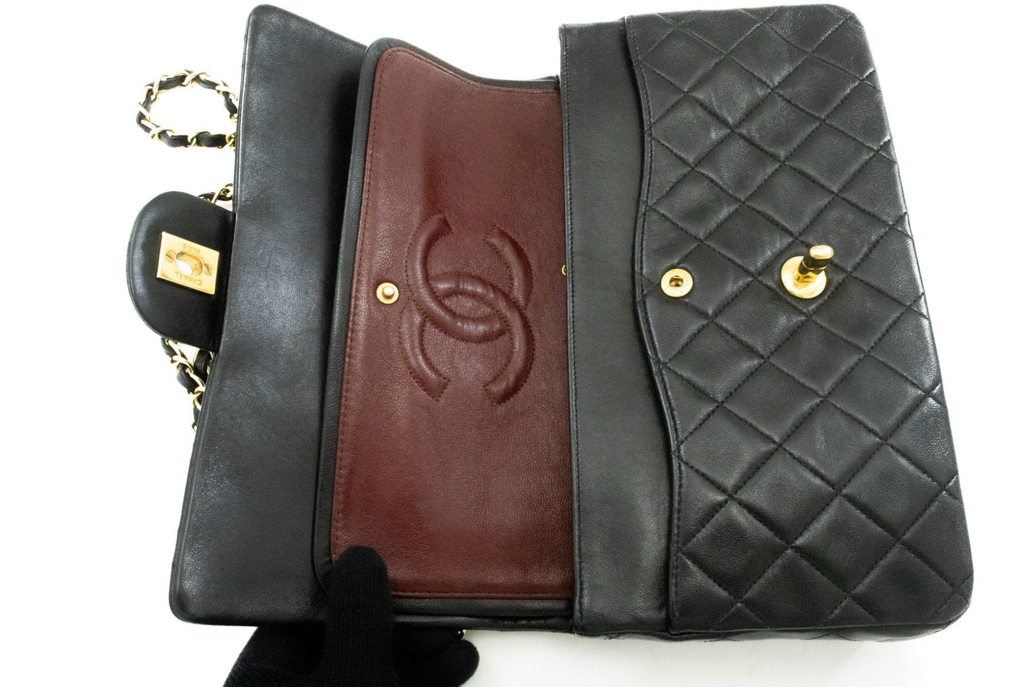 CHANEL Classic Double Flap 10" Chain Shoulder Bag Black Lambskin k63