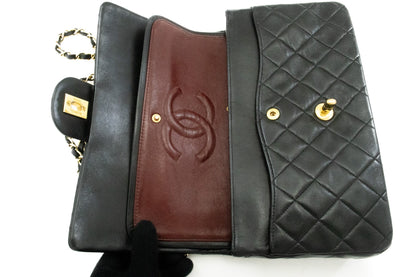 CHANEL Classic Double Flap 10" Chain Shoulder Bag Black Lambskin k63