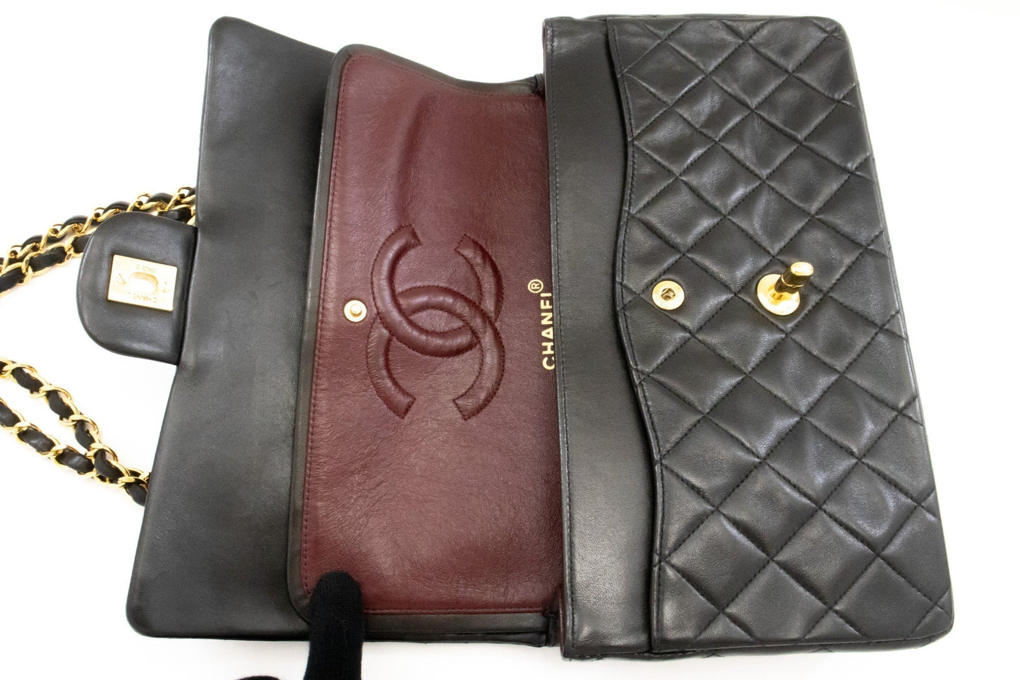 CHANEL Classic Double Flap 10" Chain Shoulder Bag Black Lambskin k74
