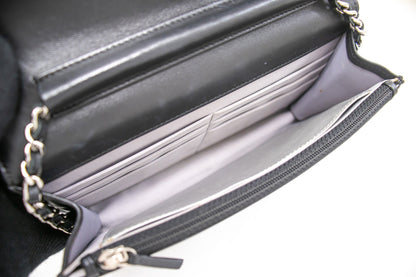 CHANEL Black Camellia Embossed Wallet On Chain WOC Shoulder Bag k68