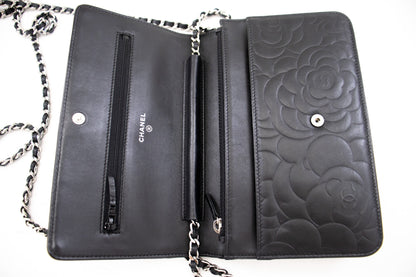 CHANEL Black Camellia Embossed Wallet On Chain WOC Shoulder Bag k68