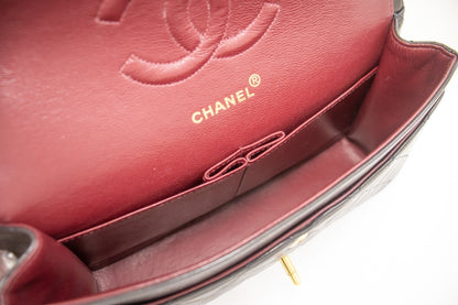 CHANEL Classic Double Flap 10" Chain Shoulder Bag Black Lambskin k71