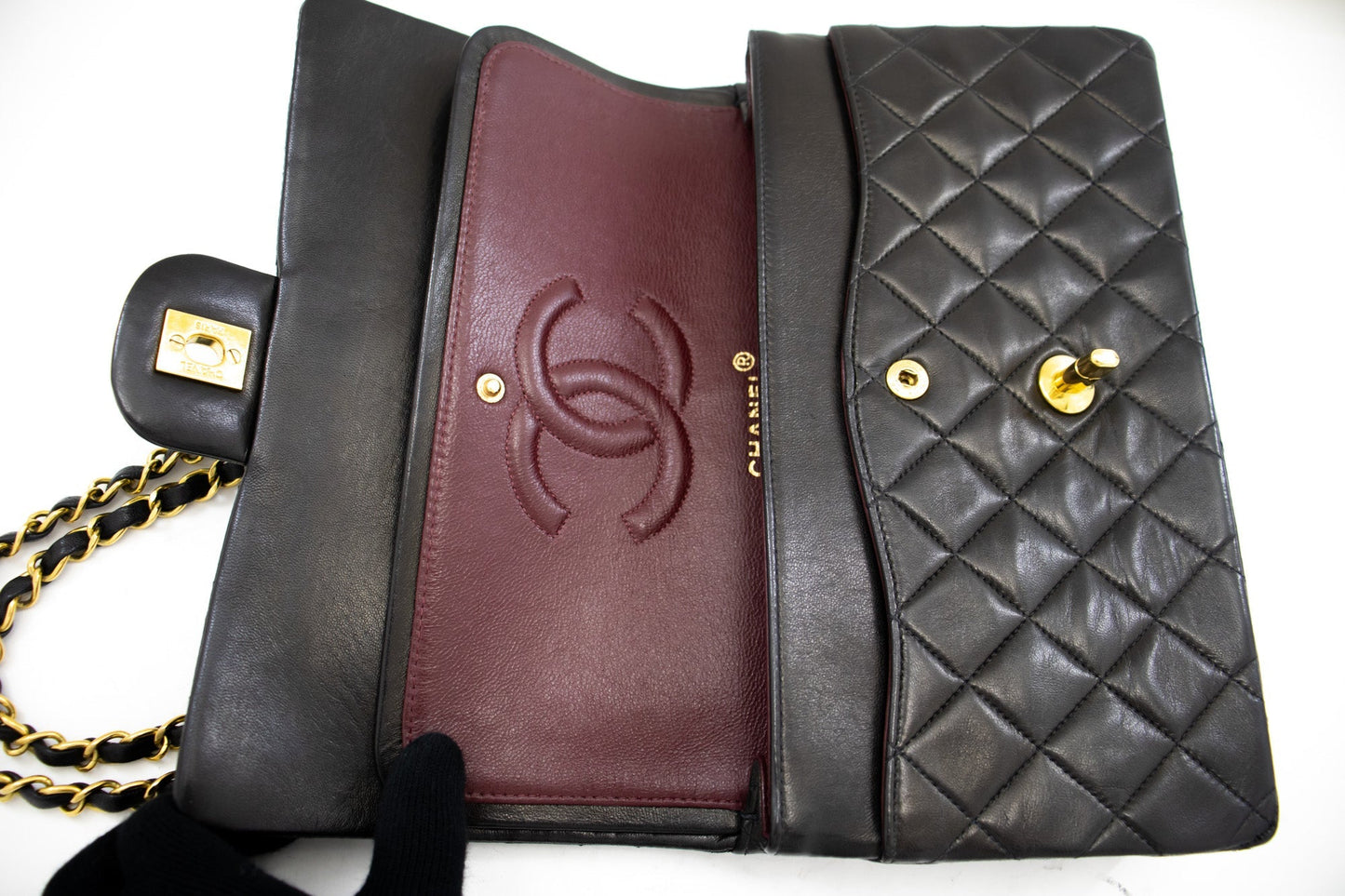 CHANEL Classic Double Flap 10" Chain Shoulder Bag Black Lambskin k71