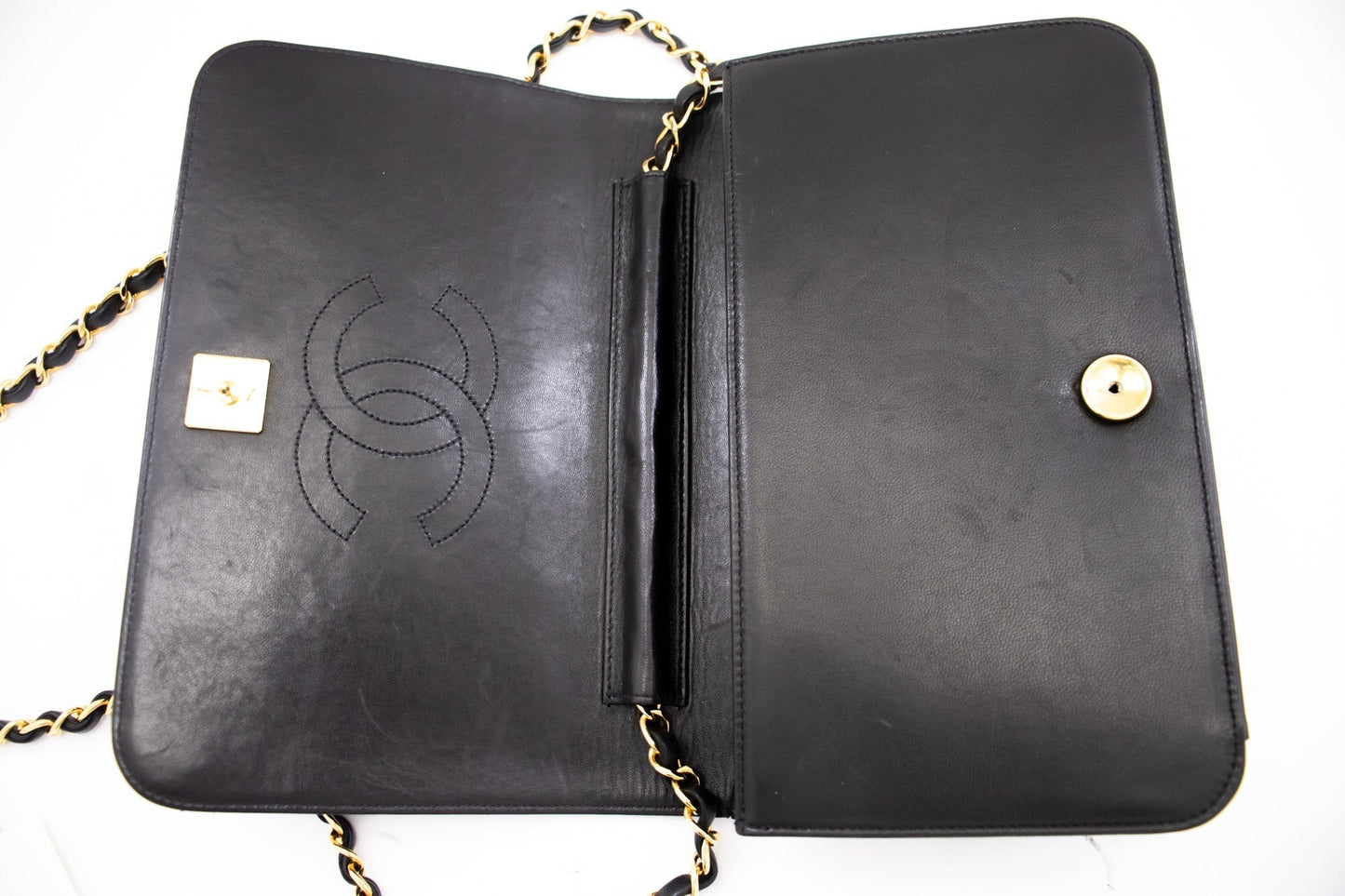 CHANEL Full Flap Chain Shoulder Bag Clutch Black Quilted Lambskin k82