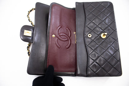 CHANEL Classic Double Flap 10" Chain Shoulder Bag Black Lambskin k72