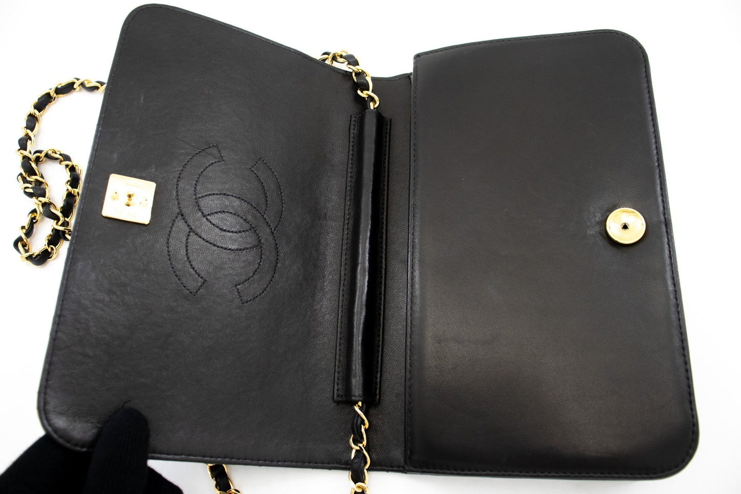 CHANEL Full Flap Chain Shoulder Bag Clutch Black Quilted Lambskin k78