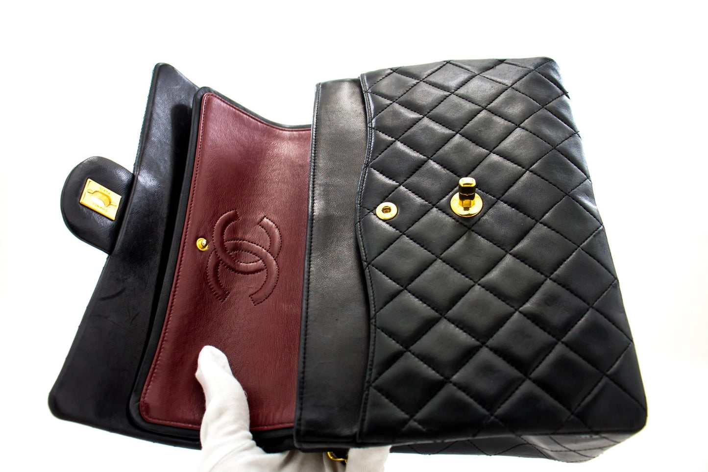 CHANEL 2.55 Double Flap Square Chain Shoulder Bag Black Lambskin h72