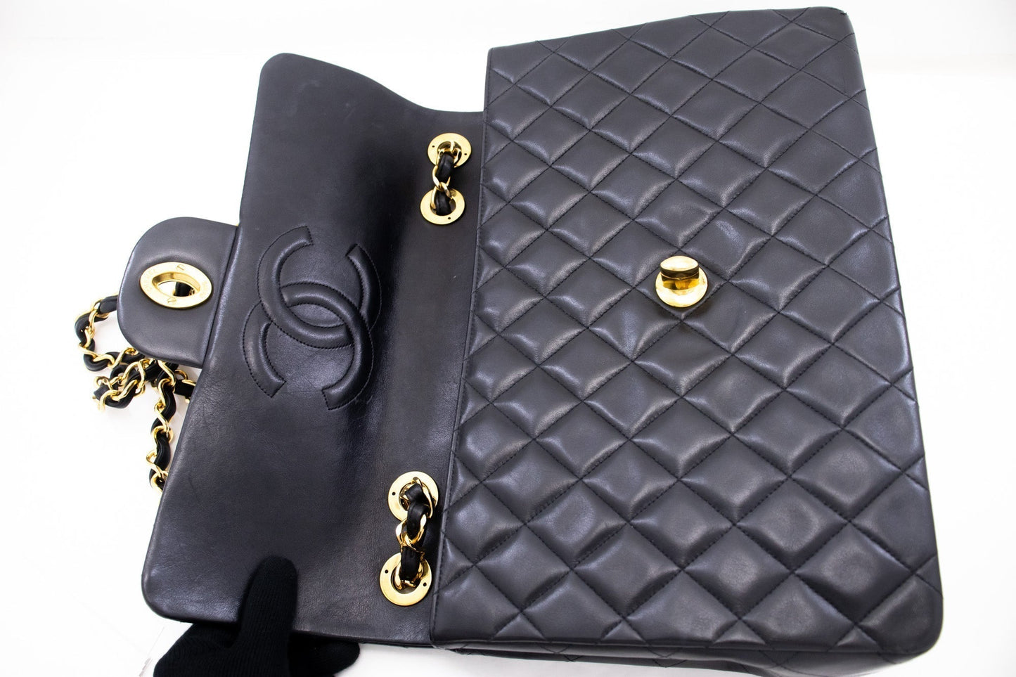 CHANEL Classic Large 13" Flap Chain Shoulder Bag Black Lambskin j74
