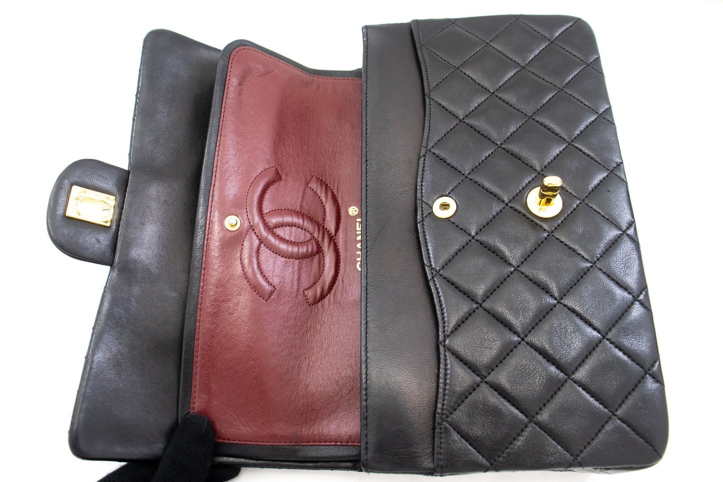 CHANEL Classic Double Flap Medium Chain Shoulder Bag Black Lamb k79