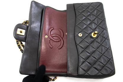 CHANEL Classic Double Flap 10" Chain Shoulder Bag Black Lambskin k77