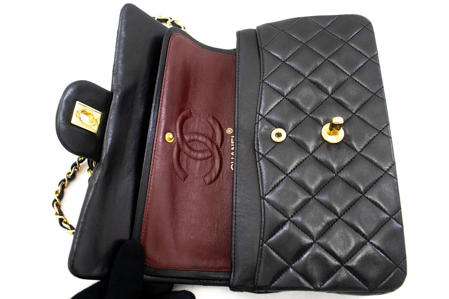 CHANEL Classic Double Flap 9" Chain Shoulder Bag Black Lambskin k80