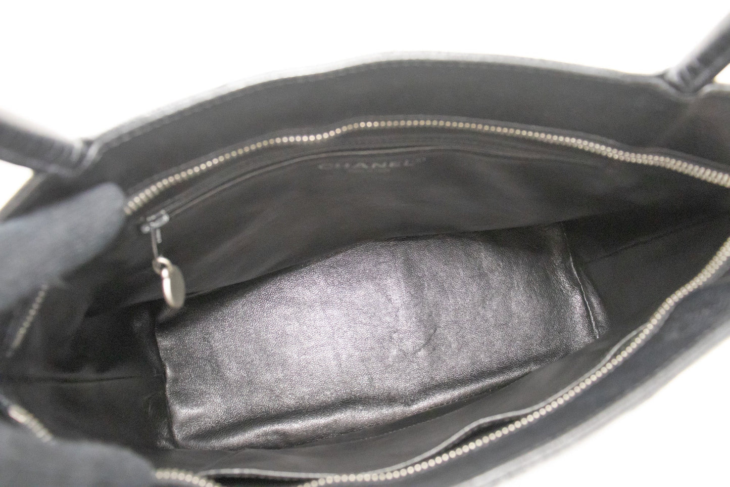 CHANEL Silver Medallion Caviar Shoulder Bag Shopping Tote Black SV k57