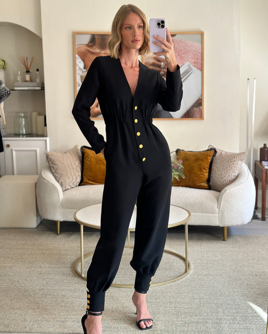 Gucci Black Long-Sleeve V-Neck Jumpsuit with Gold Button Detail Size IT 38 (UK 6)