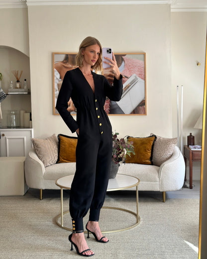 Gucci Black Long-Sleeve V-Neck Jumpsuit with Gold Button Detail Size IT 38 (UK 6)