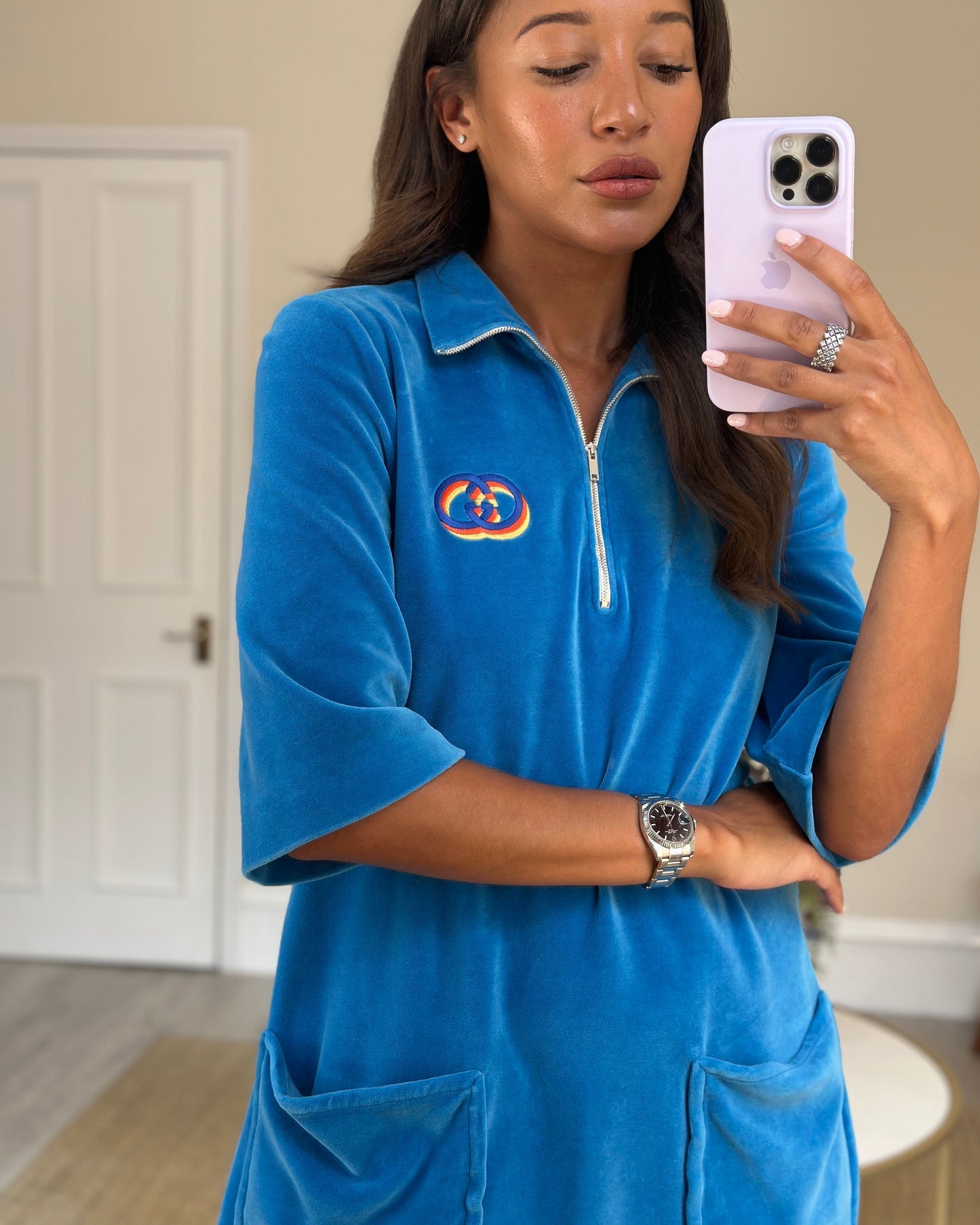Gucci Blue Velour Quarter Zip Mini Dress with Pocket Detail Size XS (UK 6)