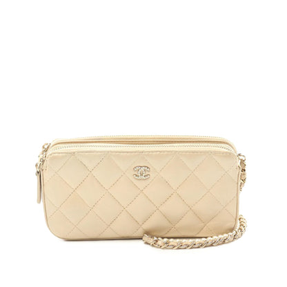 Beige Chanel Quilted Iridescent Lambskin Double Zip Pearl Clutch On Chain Crossbody Bag