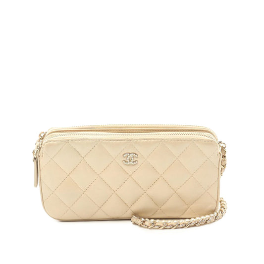 Beige Chanel Quilted Iridescent Lambskin Double Zip Pearl Clutch On Chain Crossbody Bag