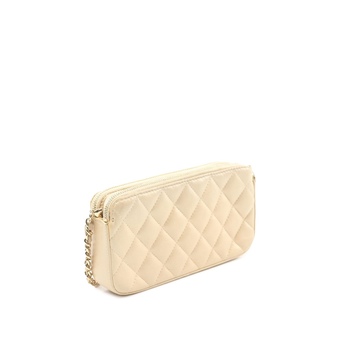 Beige Chanel Quilted Iridescent Lambskin Double Zip Pearl Clutch On Chain Crossbody Bag
