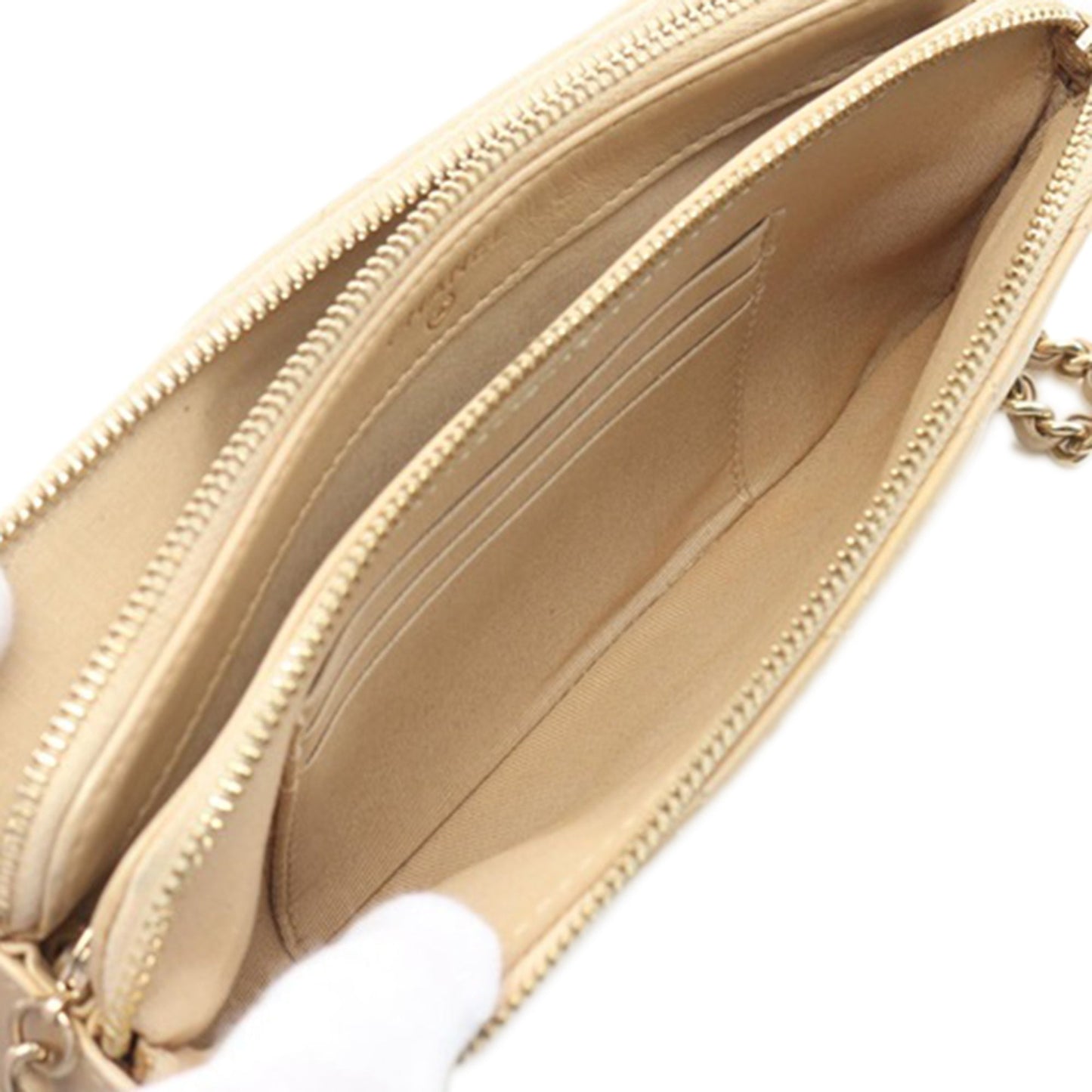 Beige Chanel Quilted Iridescent Lambskin Double Zip Pearl Clutch On Chain Crossbody Bag