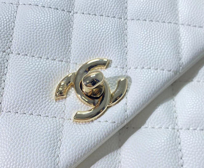 CHANEL coco handle flap bag 23cm white quilted caviar light gold hardware