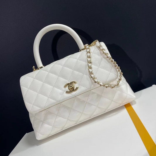CHANEL coco handle flap bag 23cm white quilted caviar light gold hardware