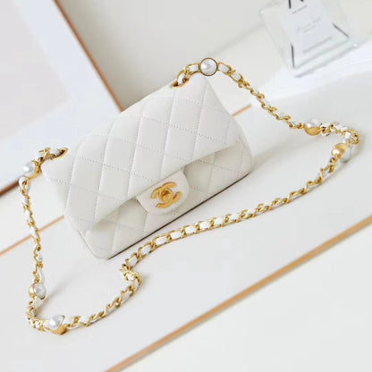 CHANEL 24F Flap Bag White Lambskin Pearl Gold Hardware